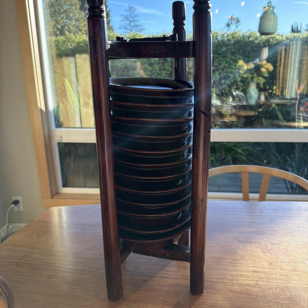 Vintage Chinese Wooden Plate Rack w/ 12 Lacquered Plates Hand Marked Export‎